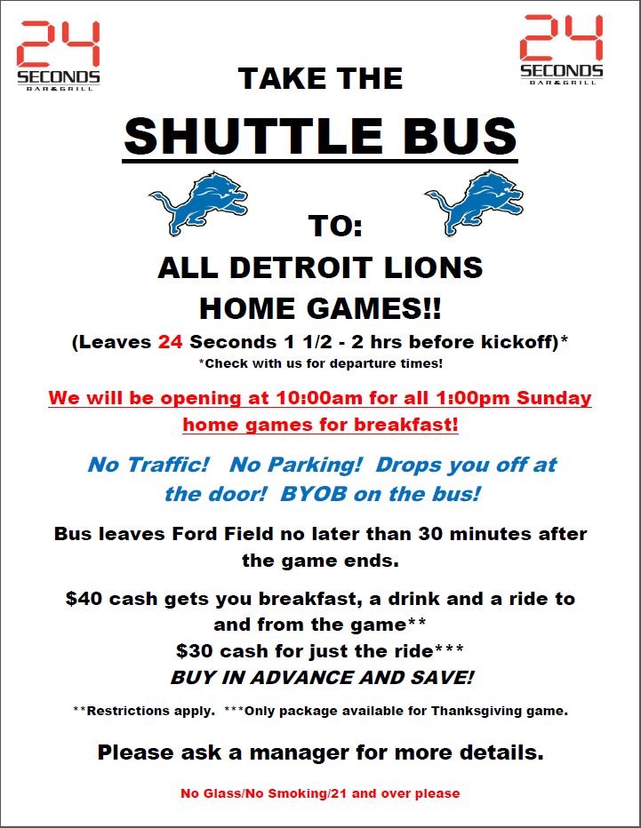 24SecondsBar's tweet image. Lions stress you out?  Well at least you can have some stress free transportation on Sunday! Have a beer on the bus!