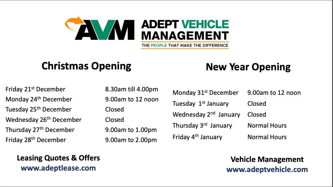 Please check our Christmas and New Year opening times below 🎄 Thank you. #AVMLeasing