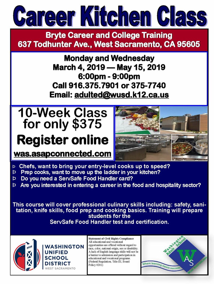 WAdultSchool_WS's tweet photo. Registration is now open for the upcoming 2019 Career Kitchen class @BryteCCT1  Register today at https://t.co/4opm4mCqDB. 
#WAS #CulinaryClass https://t.co/rnmn3DE51s