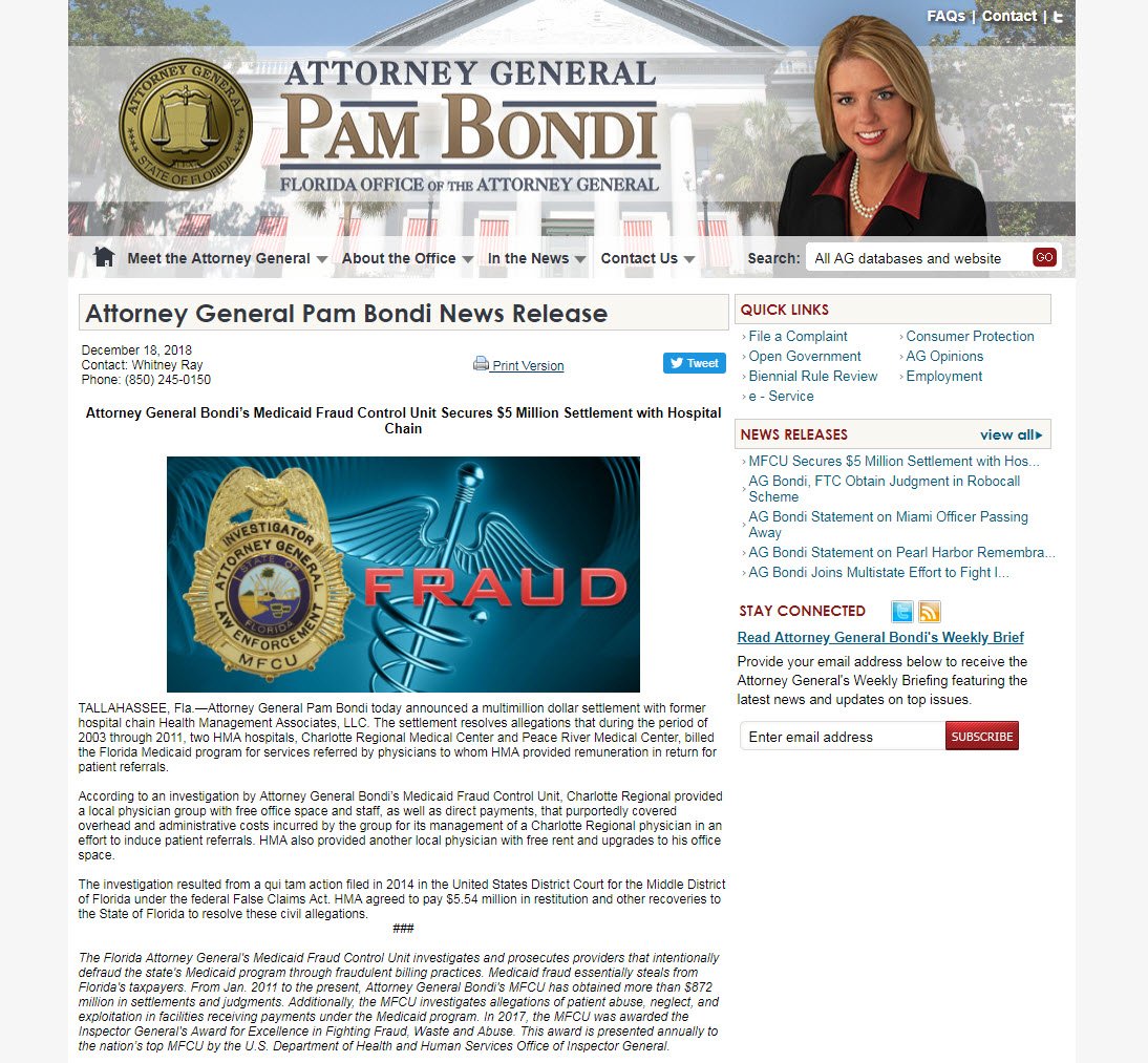 Since 2011, my Medicaid Fraud Control Unit has obtained more than $872 million in settlements and judgments. The latest is a $5 million settlement with a former hospital chain. Read about the multimillion dollar settlement here: myfloridalegal.com/newsrel.nsf/ne…