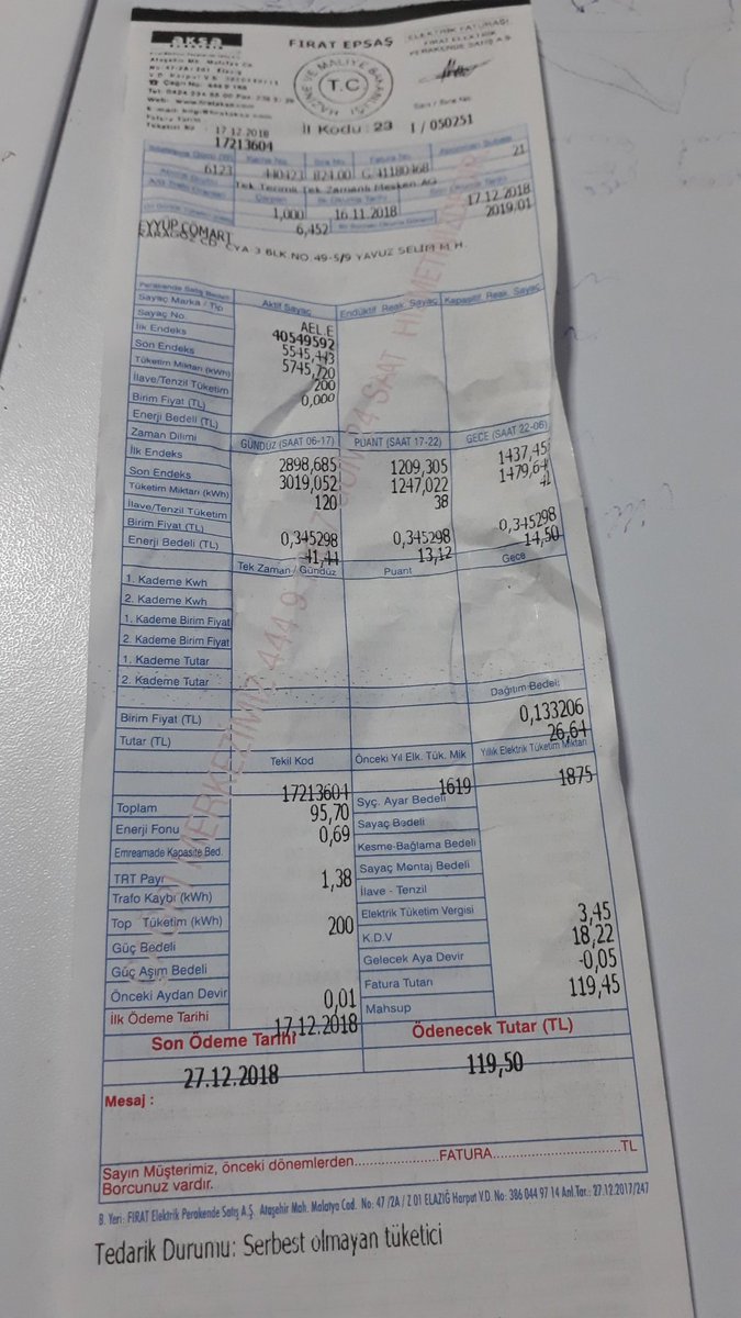 Ben Malatya'da yaşıyorum evde iki kişi kalıyorum evletin verdiği TOKİ 1 artı 1 konutlarında oturuyorum bana gelen su elektrik faturasına bakar mısınız bir de üstelik engelliyim Ben Derdimi Kime yanayım şimdi geçen ay geldi 100 TL Şimdi de fatura 109 lira 50