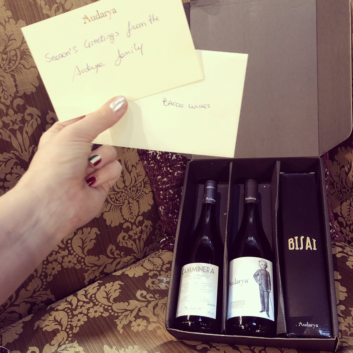 Beautiful gift from our Sardinia winery! Grazie mille <a href="/audaryavini/">Audaryavini</a> and we can’t wait to open the dessert wine for our guests later this week!! 😍🇮🇹🍷 #ItalianWine #organicwine #endemicgrapes #sardiniawine #cannonau #cannonaudisardegna #vermentino #vermentinodisardegna