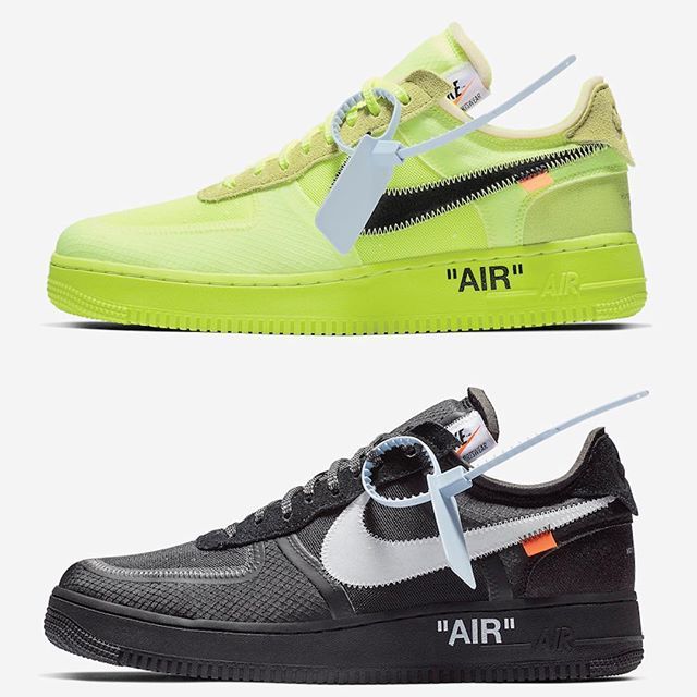 kicksonfire's tweet photo. Virgil Abloh comes together with Nike once again to release two new OFF-WHITE Air Force 1s in Volt and Black. Both colorways are dropping tomorrow. Will you be trying to cop? #kicksonfire https://t.co/tKOlMHJpHD
