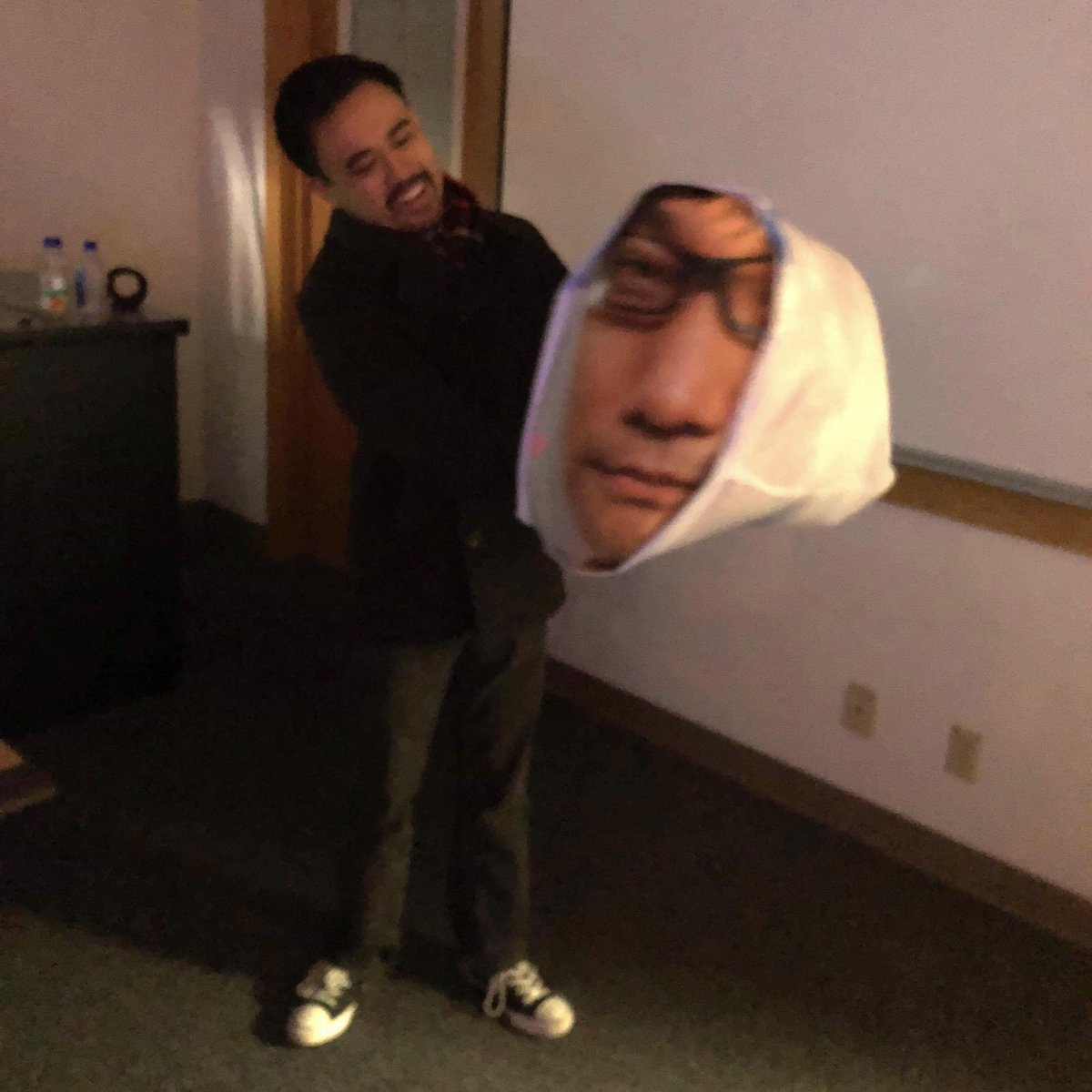 robmsantos's tweet photo. I have never come so close to crying from laughter. To my Video Game Production class, may you ship games until you too are awkwardly gifted to professors like this @HIDEO_KOJIMA_EN pillow. #gamedev #gameprof https://t.co/0NYxcgXNg0