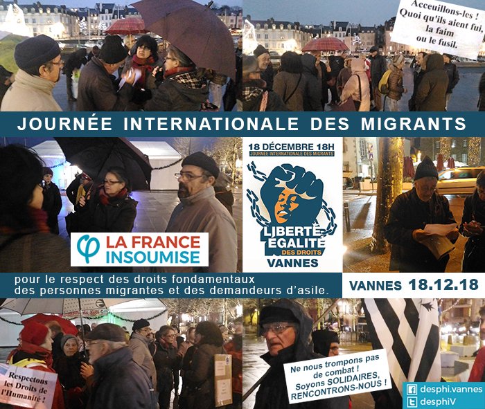 DesphiV's tweet photo. 18.12 #JourneeInternationaledesMigrants -->marche à #Vannes pour le respect des droits fondamentaux des personnes migrantes et des demandeurs d’asile avec Serge Buchet @serbuc56 candidat #FranceInsoumise aux #Europeennes2019 https://t.co/Zo6DS112mM