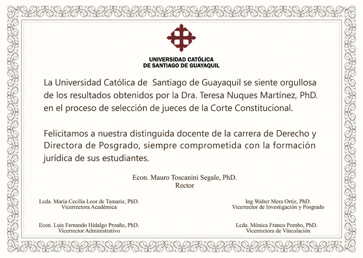 ucatolicagye's tweet photo. La #UCSG Felicita a la 𝑫𝒓𝒂. 𝑻𝒆𝒓𝒆𝒔𝒂 𝑵𝒖𝒒𝒖𝒆𝒔 𝑴𝒂𝒓𝒕í𝒏𝒆𝒛 𝑷𝒉𝑫. Docente Carrera de Derecho y Directora de Posgrado por su destacada participación y resultados obtenidos en el proceso de selección de jueces de la Corte Constitucional.
#OrgulloUCSG #ExcelenciaUCSG https://t.co/khcRRJTgEo