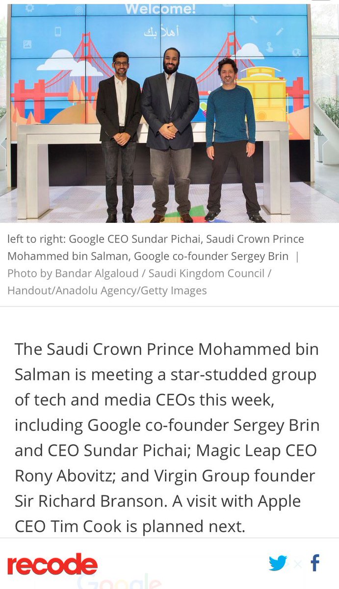 The Saudi Crown Prince met with tech VIPs this week in Silicon Valley, including Sergey Brin and Magic Leap’s CEO Apr 6, 2018  https://www.recode.net/2018/4/6/17206358/saudi-crown-prince-visit-tech-silicon-valley