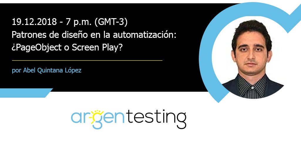 beloquintana's tweet image. Los invito a la Webinar que estaré presentando mañana 19 de diciembre a las 7:00 pm. Acá les dejo el link para inscribirse: argentesting.com/webinars/
@argentesting #automation #pageobject #screenplay #testing