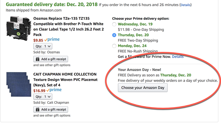 retailgeek's tweet photo. New Amazon shipping option “Amazon Day” showing up in Chicago @scotwingo @DelRey @Colin_Sebastian https://t.co/Yt1z5bWZbs