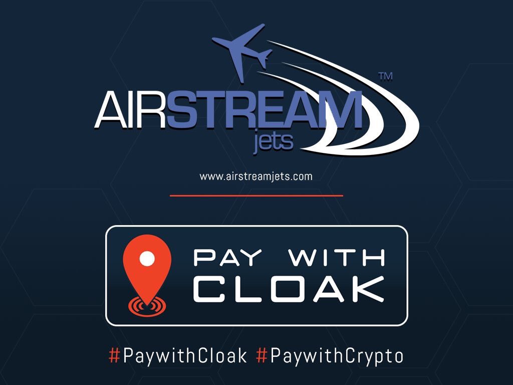 Cloak_Germany's tweet photo. Wir sind froh verkünden zu können, dass @AirstreamJets - ein privates Jet Charter Unternehmen - ab sofort @CloakCoin als Zahlungsmethode akzeptiert!

✈️▶️https://t.co/ouH7vQfuK7

#CloakCoin #PaywithCloak #PaywithCrypto #AirStreamJets #Privacy #BYOB #Crypto #Altcoin #CryptoCharter https://t.co/GgIvxWXMiu