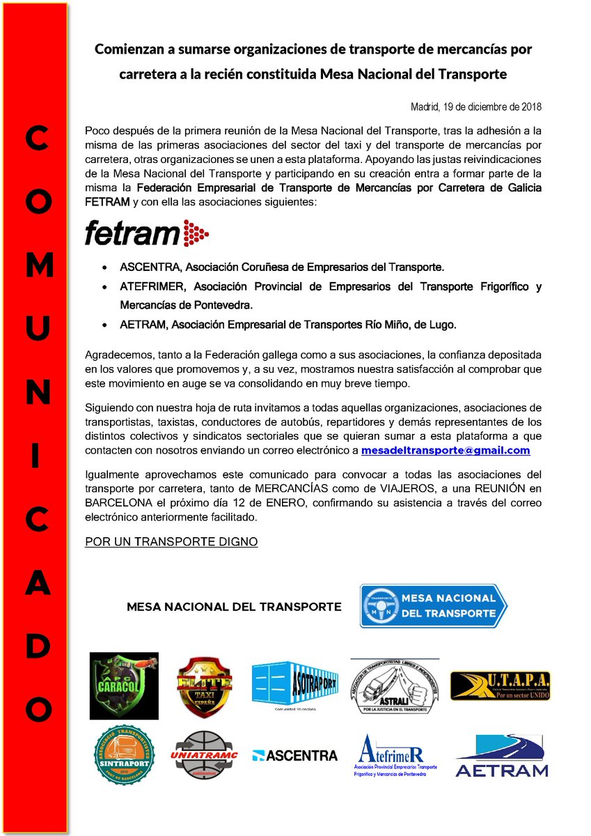 TransporteNews's tweet photo. 🚕🚛Comienzan a sumarse organizaciones de #transporte de mercancías por carretera a la recién constituida Mesa Nacional del Transporte: La Federación gallega #FETRAM y sus tres asociaciones, ASCENTRA, ATEFRIMER y AETRAM.
#taxi #camioneros #transporte #carretera #MesadelTransporte https://t.co/Mzrj4XCSq0