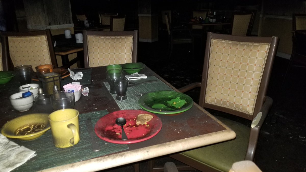 Day 2 of surveying #CampFire damage. Remarkable scene showing the immediacy of the fire. Remnant breakfast toast on a plate inside a senior living facility as people fled.