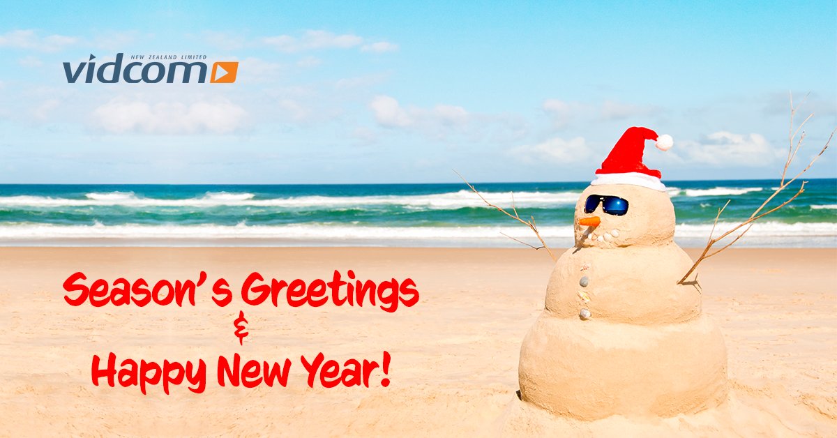 VidcomNZ's tweet photo. From all of us here at Vidcom we would like to take this opportunity to wish you a safe and joyous festive season and a prosperous new year! Thank you for a wonderful 2018. All Vidcom branches will be closed from the 24th of December and will re-open on the 21st of January 2019. https://t.co/JVVtiIiLMc
