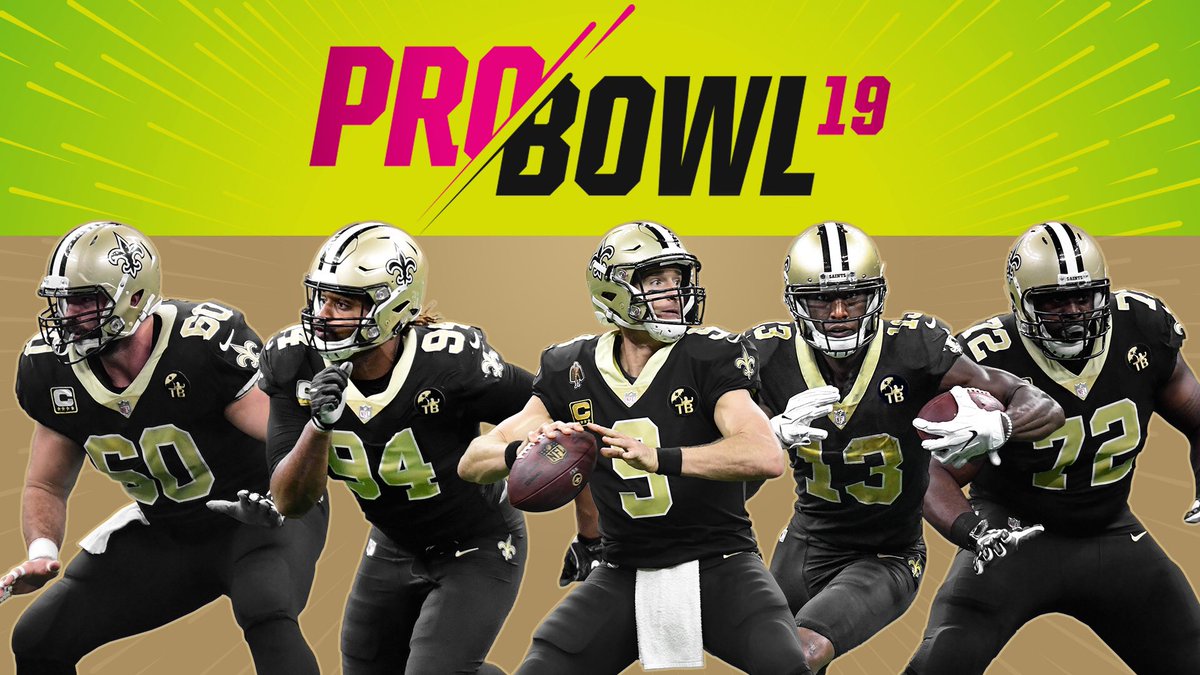 Saints's tweet photo. Congrats to the #Saints Pro Bowlers: @DrewBrees, @camjordan94, @Cantguardmike, @T_Armstead72 and Max Unger! 

#GoSaints #ProBowl https://t.co/8D1wyy2OmA