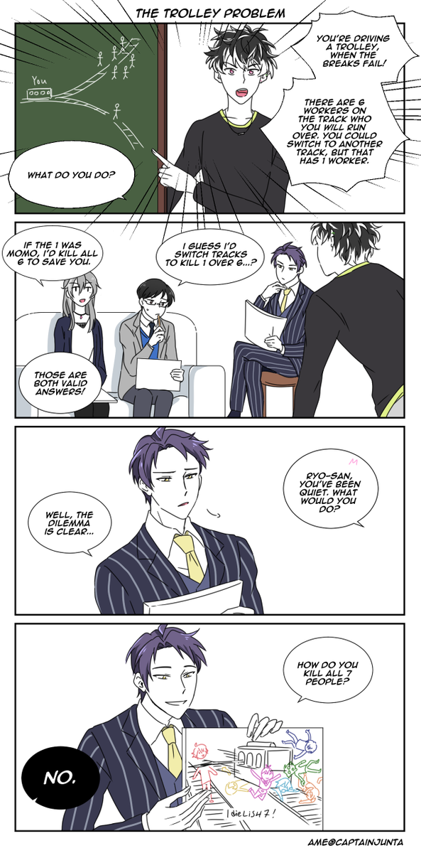 the good place AU where momo tries to teach tsukumo ryo a thing or 2 about ethics #IDOLiSH7 