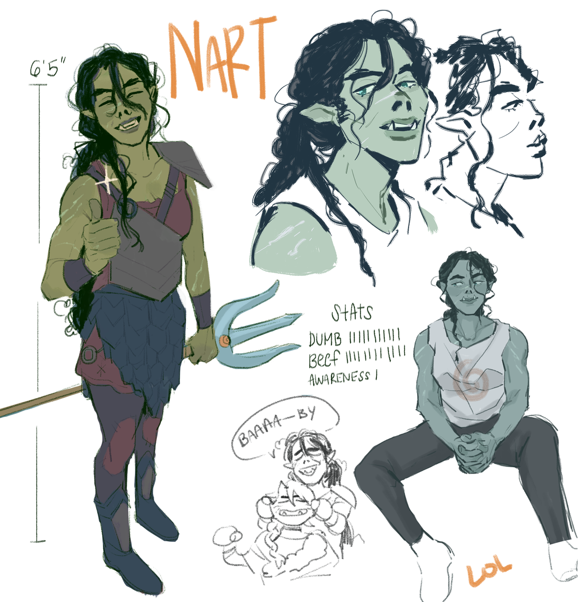 I haven't had much time to draw bc of work,, but i have compiled some doodles for my big, hot half-orc dnd oc!! she's named after the bravest man who ever lived thank y (feat. @qiabata 's sweet half-orc)