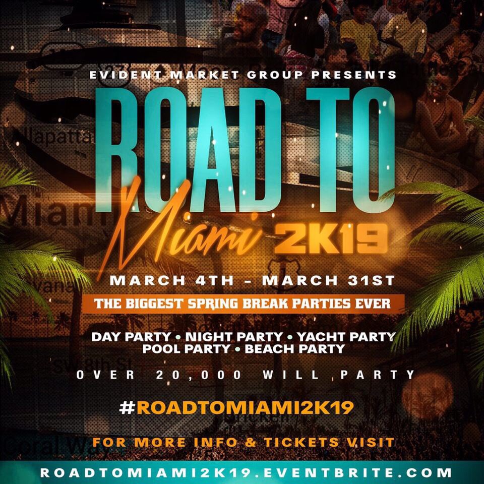 . ◤◢◤◢◤◢◤◢◤◢◤◢
🏖#ROADTOMIAMI2K19 🏖
. ◤◢◤◢◤◢◤◢◤◢◤◢
76 DAYS AWAY
THE BIGGEST SPRING BREAK PARTIES EVER
• DAY PARTY
• BEACH PARTY
• NIGHT PARTY
• POOL PARTY
SIGNUP HERE : http://ROADTOMIAMI2K19.EVENTBRITE.COM