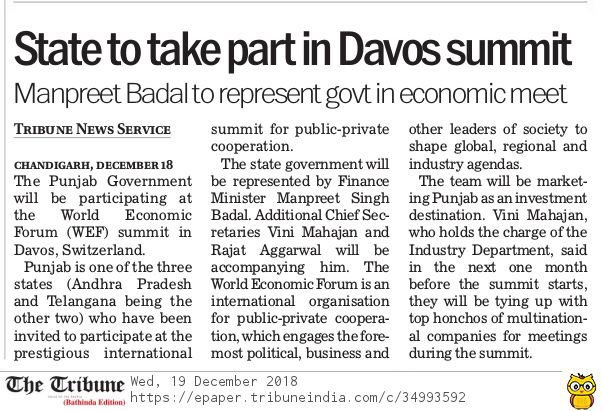 Harjotsidhus's tweet image. State to take part in Davos Summit-Punjab Finance Minister Manpreet Badal to represent government in economic meet.

@IncMBadal @INCPunjab @INCIndia @VinuBadal @JaijeetJ @PunjabGovtIndia