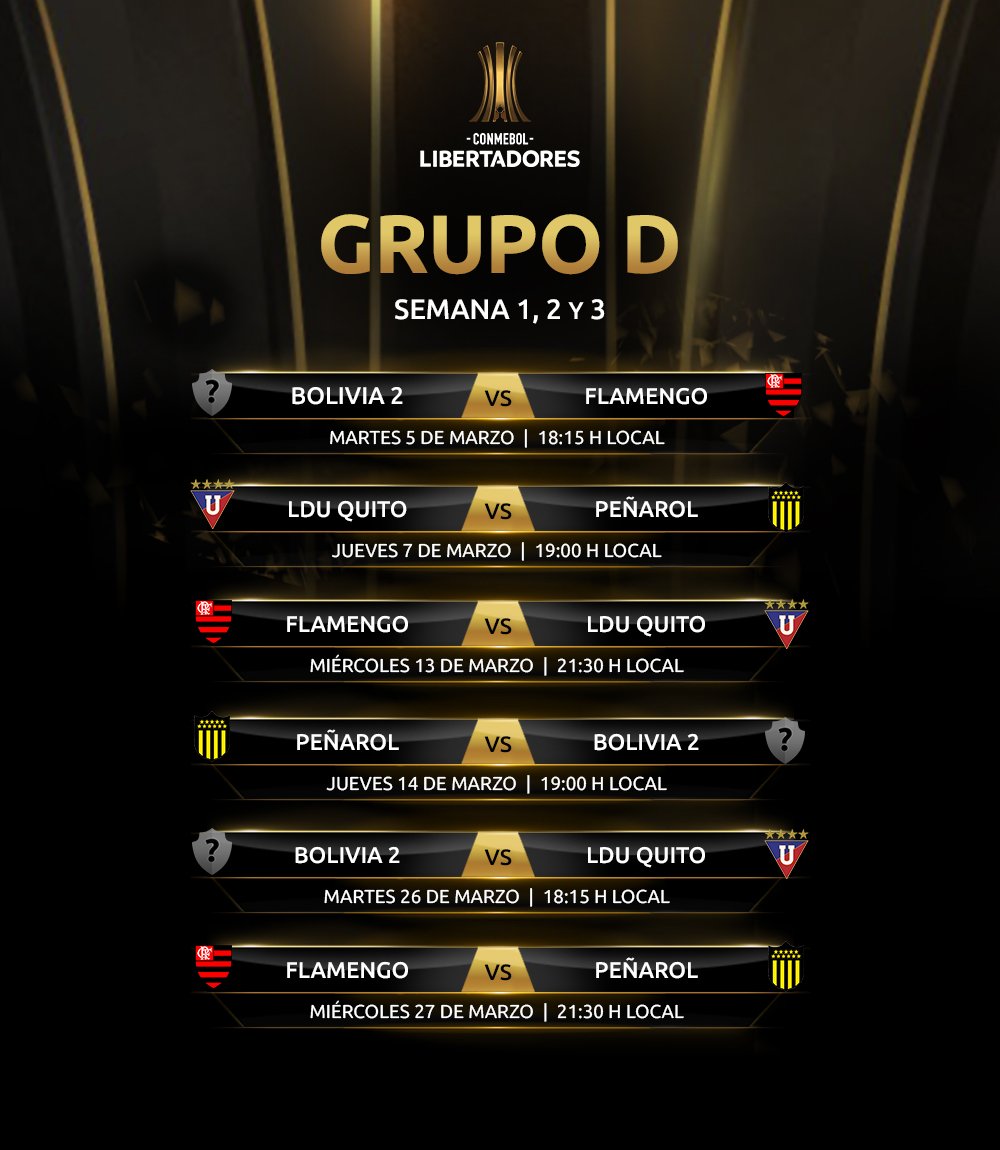 Libertadores's tweet photo. 🗓 Grupo D

🇺🇾 @OficialCAP 
🇧🇷 @Flamengo 
🇪🇨 @LDU_Oficial 
🇧🇴 Bolivia 2 https://t.co/qJwZrl6pgo