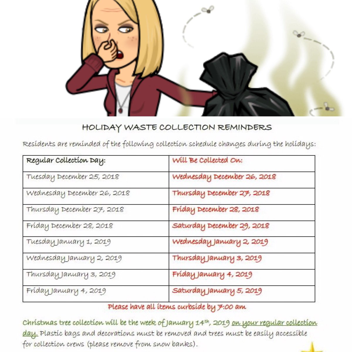 Sue_Sherban's tweet photo. Garbage Collection 🤢holiday🎄schedule!☎️inquiries call 1-866-421-5625 #communityservice #garbagedays @townofws https://t.co/haMPmX4JJA