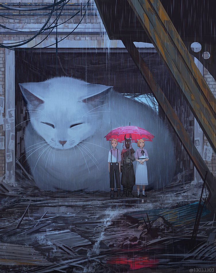 rain umbrella cat holding umbrella 1girl dress animal  illustration images
