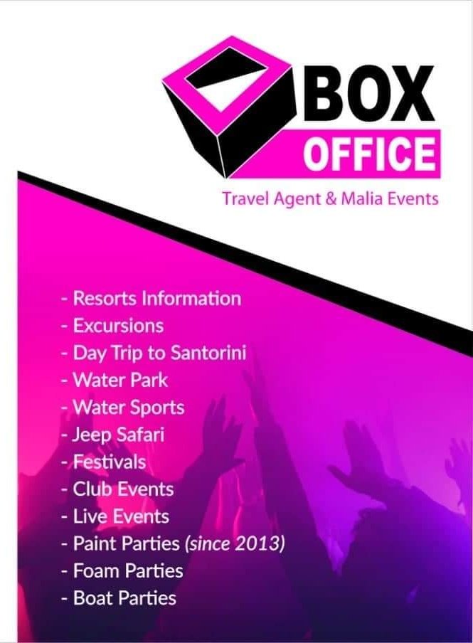 For any information about the resort! For all the the excursions around Crete and day activities for live events, Club events, Festivals, PaintGlow party, Boat party
Box office is the best company to trust!! 
  #malia2019 #malia #summer #see #sun #CRETE