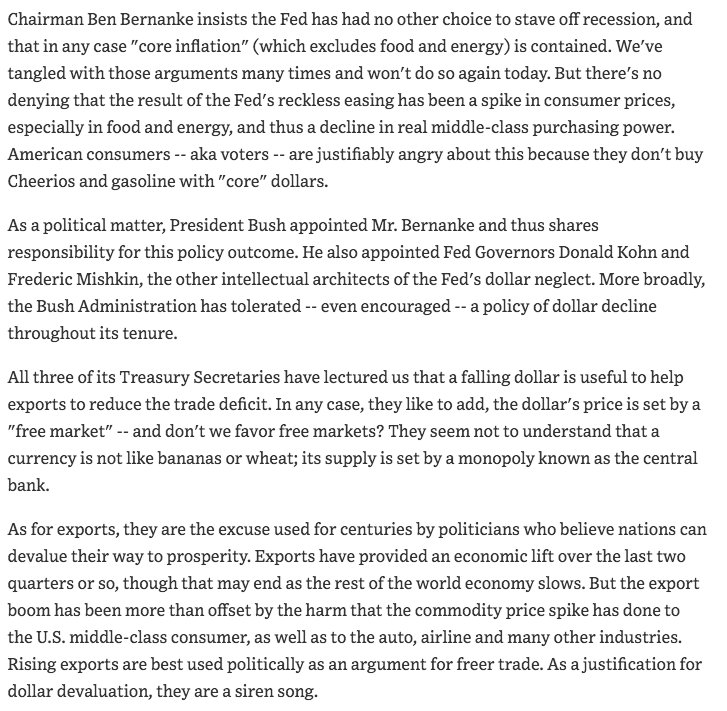 September 2008  https://www.wsj.com/articles/SB122048621675397153?mod=searchresults&page=22&pos=3"Bernanke insists the Fed has had no other choice to stave off recession, and that in any case "core inflation" (which excludes food and energy) is contained....American consumers... don't buy Cheerios and gasoline with "core" dollars."