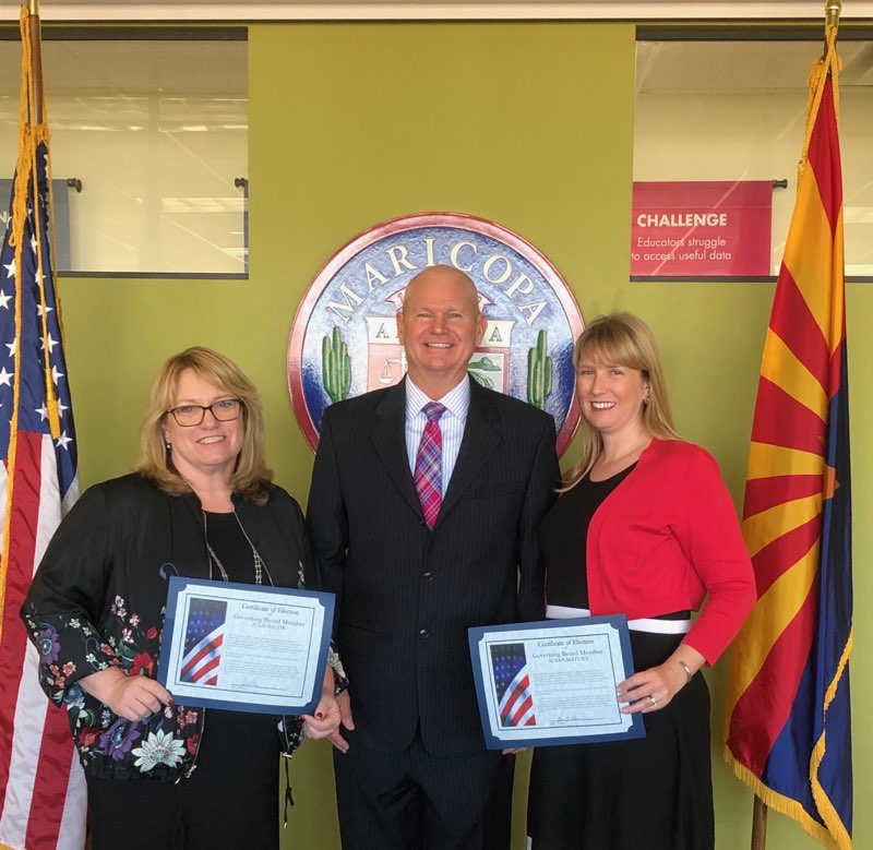 SusanMatura's tweet photo. This afternoon, Julie Bacon and I were sworn in down at the Office of the Maricopa County School Superintendent, and Dr. Lee attended the ceremony.  It was a really great day!  I will be officially seated at the January 10th PVUSD Governing Board meeting. https://t.co/fSDInpq1Hq