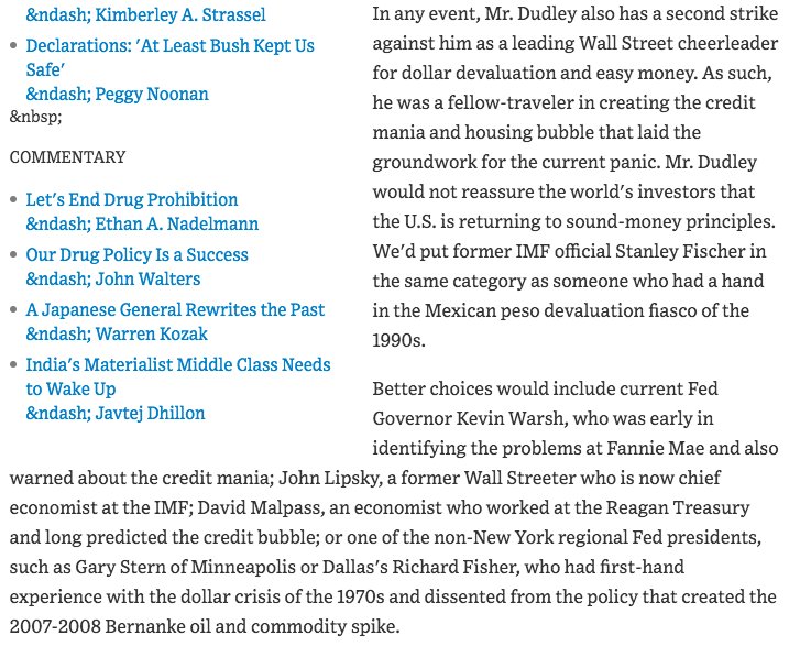 December 2008  https://www.wsj.com/articles/SB122843659214281369?mod=searchresults&page=3&pos=6 "Better choices [for New York Fed President vacancy] would include current Fed Governor Kevin Warsh...or Dallas's Richard Fisher, who ... dissented from the policy that created the 2007-2008 Bernanke oil and commodity spike."