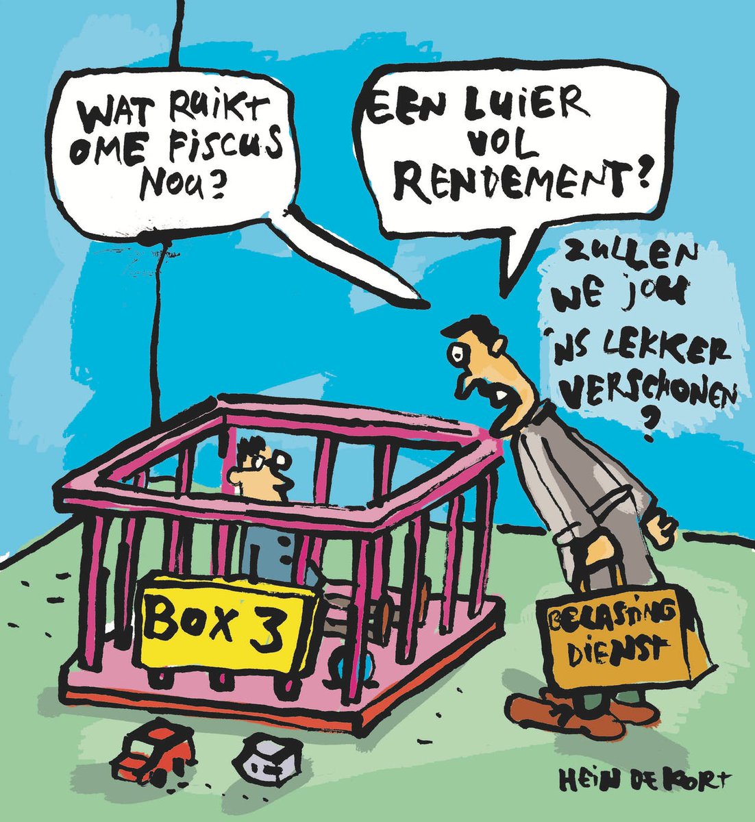 Geweldige spotprent van Hein de Kort in FD over de vermogensrendementsheffing.