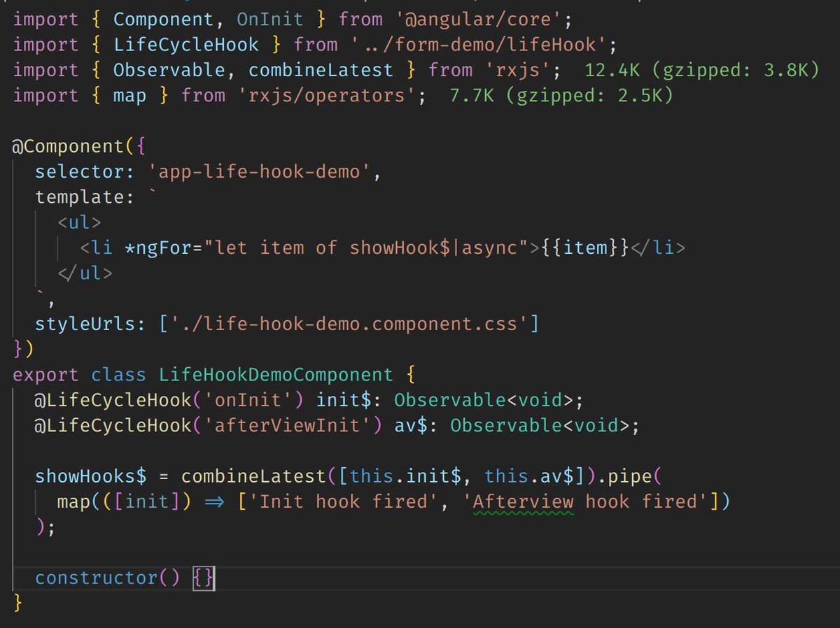 esosanderelias's tweet image. I'm in 😍 with @angular Ivy! ♥♥♥
It finally enabled me to write an custom decorator to make observable life-cycle hooks.
No more need of adding placeholder `ngOnxxx`
the code below is actually working code.
Once ivy is released I will release this too!
🎉🎉🔥🔥🎉🎉