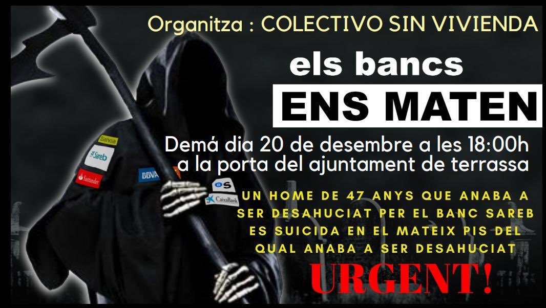 Kasalet's tweet photo. URGENT 🛑
Un home de 47 anys q estava apunt de ser desnonat es suïcida a #Terrassa al c/ Azcarate.
Ajuntament no diu res!
La premsa ho amaga!
#Assassinat #Sareb
CONCENTRACIÓ
Dijous 20D a les 18h davant Ajuntament
Via @sinviviendatrs https://t.co/BCeLbeJIt2