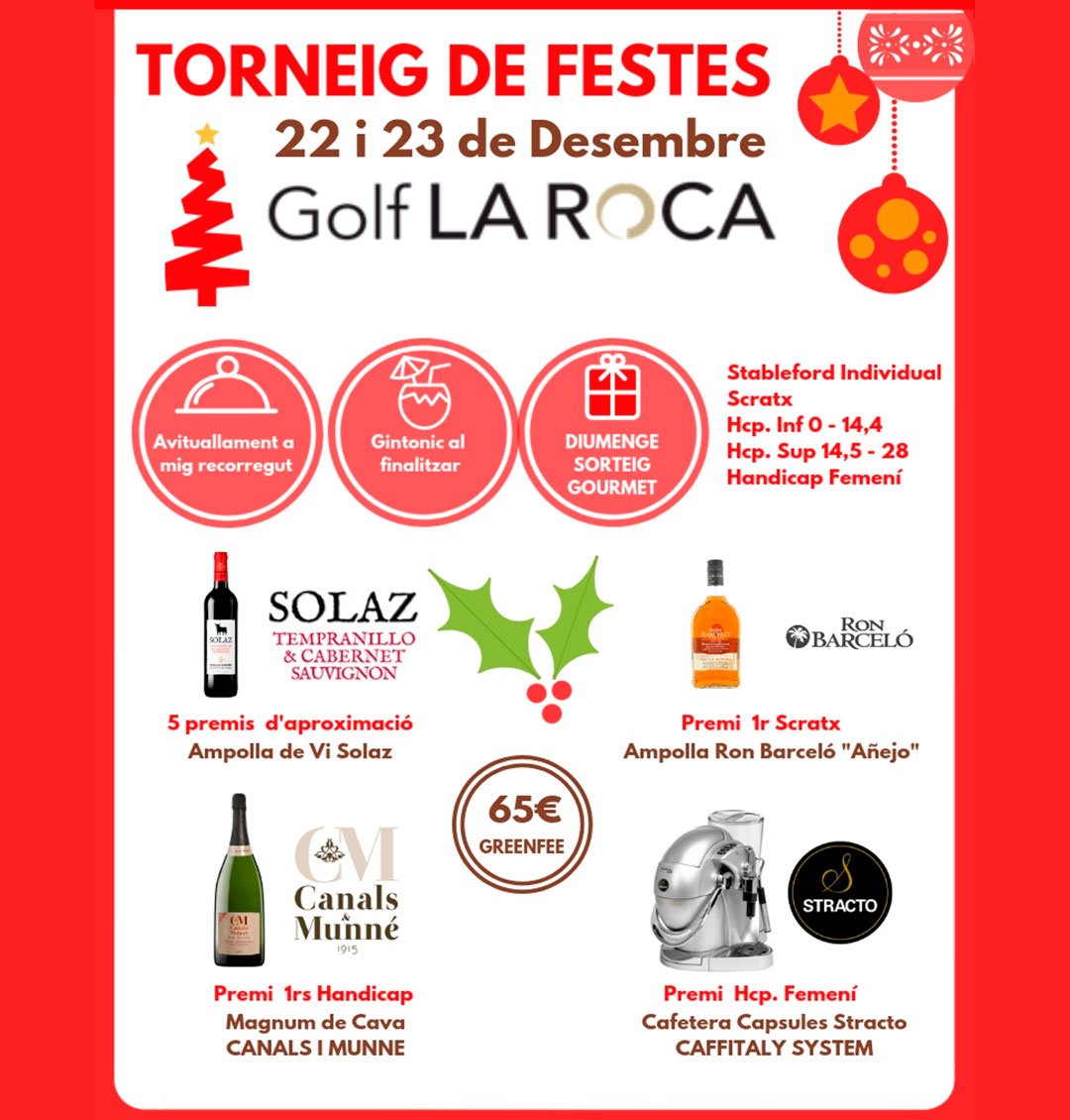 El cap de setmana del 22 i el 23 de desembre toca gaudir del Torneig de Festes del #GolfLaRoca! 👑 Avituallament a mig recorregut, gintonic al finalitzar, sorteig gourmet... Tot això, i molt més! 😋

➡️ larocabarcelona.golf/calendaris/tor…