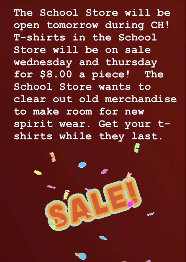 JHSRenaissance's tweet photo. The School Store will be open tomorrow during CH and directly after school until 3 both today and tomorrow! Get your merch!!! https://t.co/4rywAn3vKE