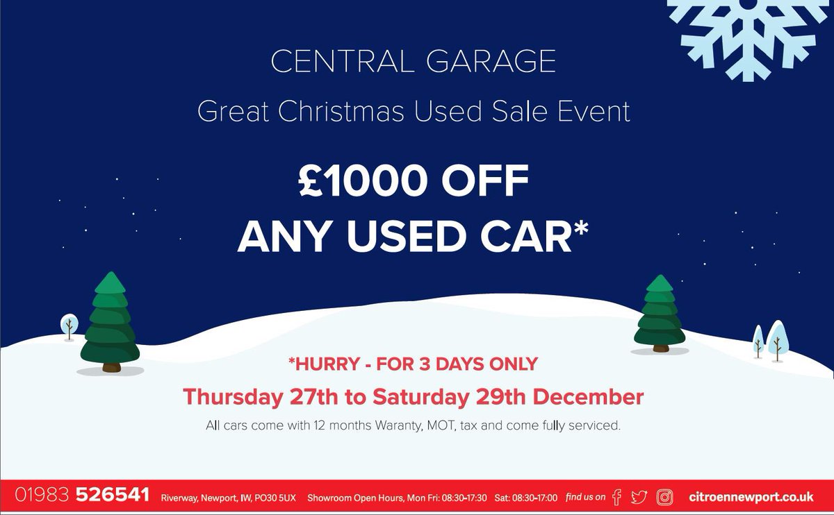 <a href="/centralnewport/">Central Garage Newport</a> we are having a Xmas £1000 off every used cars sale from the 27th - 29th of December #Citroen #Cars #Christmas #Sales