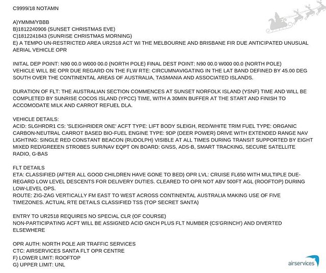 The 2018 Santa ("Sleighrider One") NOTAM .. #flight #aviation #santa #christmas #airservicesaustralia #mjk
