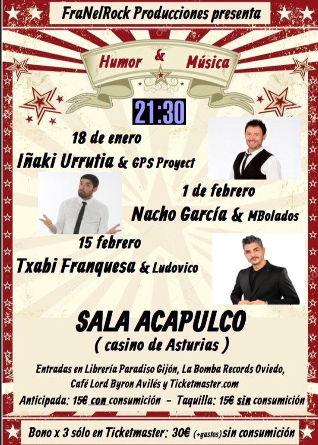 FranelrockProd's tweet photo. Hoy anunciamos nuestro ciclo de #humorymusica en @AcapulcoGijon ! @InakiUrrutia #gpsproyect @NachoGarciaR @ROCKMBOLAS @TxabiFranquesa #ludovico #viernesdecachondeo #Gijón https://t.co/XWM3Yt1m6m