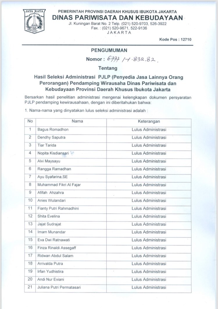 DisparbudDKI's tweet photo. Pengumuman Hasil Seleksi Administrasi PJLP (Penyedia Jasa Lainnya Orang Perorangan) Pendamping Wirausaha Dinas Pariwisata dan Kebudayaan Provinsi DKI Jakarta

#disparbuddki https://t.co/x4pmVPRhdB