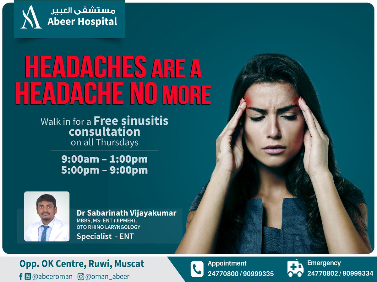 abeer_hospital's tweet image. Get your inflamed sinus checked at the free sinus clinic every Thursday at Abeer Hospital Ruwi.
Dr Sabarinath specialized in ENT from the reputed Jawaharlal Institute Of Postgraduate Medical Education And Research (JIPMER) #SinusProblem #AbeerHospitalRuwi #ENTSpecialist #Allergy