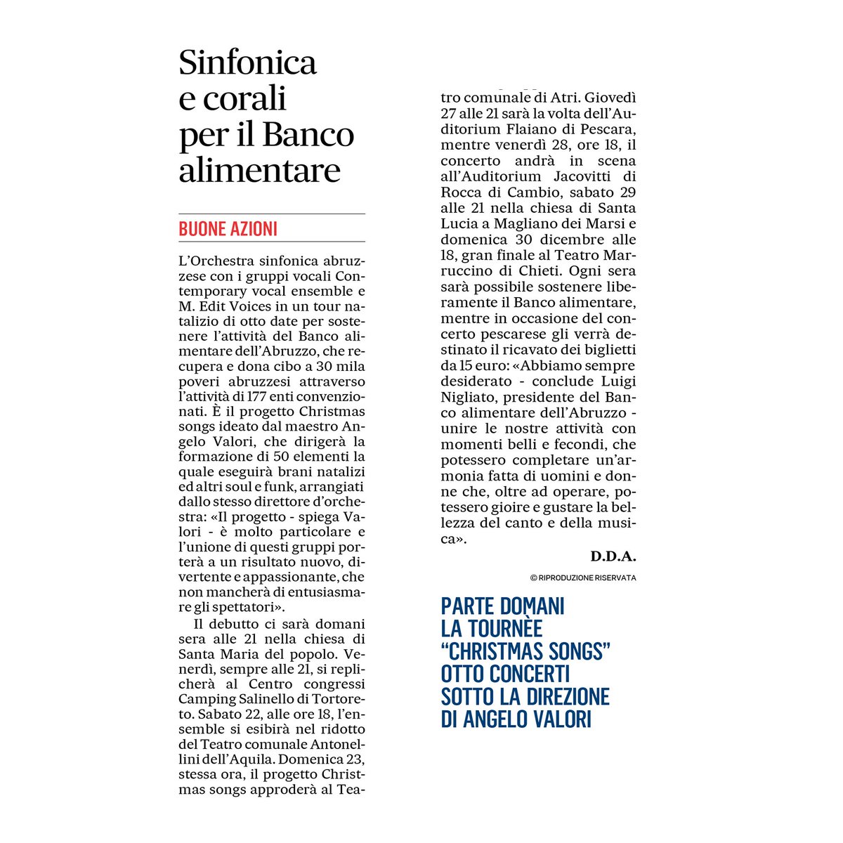 Anche Il Messaggero parla di Christmas Songs! <a href="/angelovalori/">Angelo Valori</a> <a href="/SinfonicAbruzzo/">ISA</a> <a href="/BancoAlimentare/">Banco Alimentare</a>