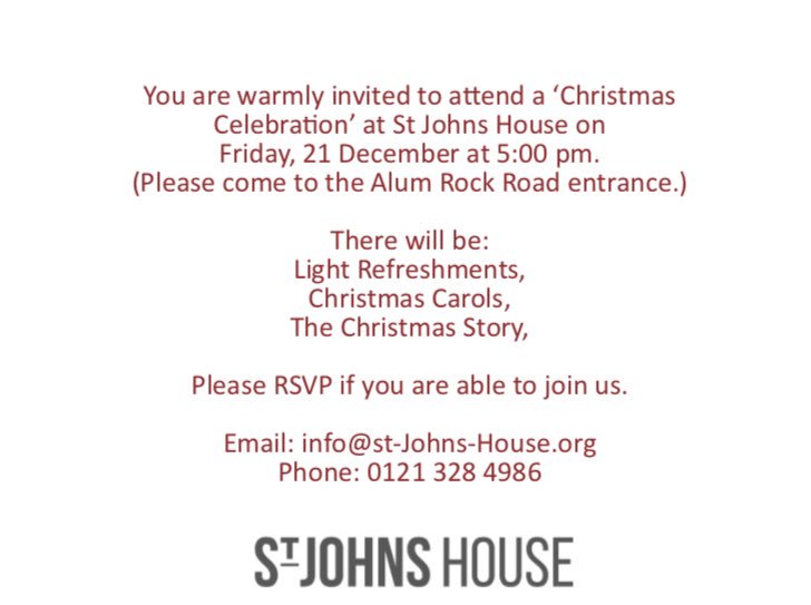 StJohns_House's tweet photo. Come and celebrate Christmas with us at St John’s House- Friday 21st December 5pm. See you there! https://t.co/P19CpmR2xI