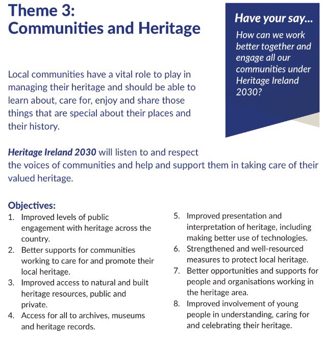 IAIarchaeo's tweet photo. In “Theme 3: Communities and Heritage” of #HeritageIreland2030 it is suggested that “Local communities have a vital role to play in managing their heritage &amp; should be able to learn about, care for, enjoy &amp; share those things that are special about their places &amp; their history.” https://t.co/IQutXVeHzL