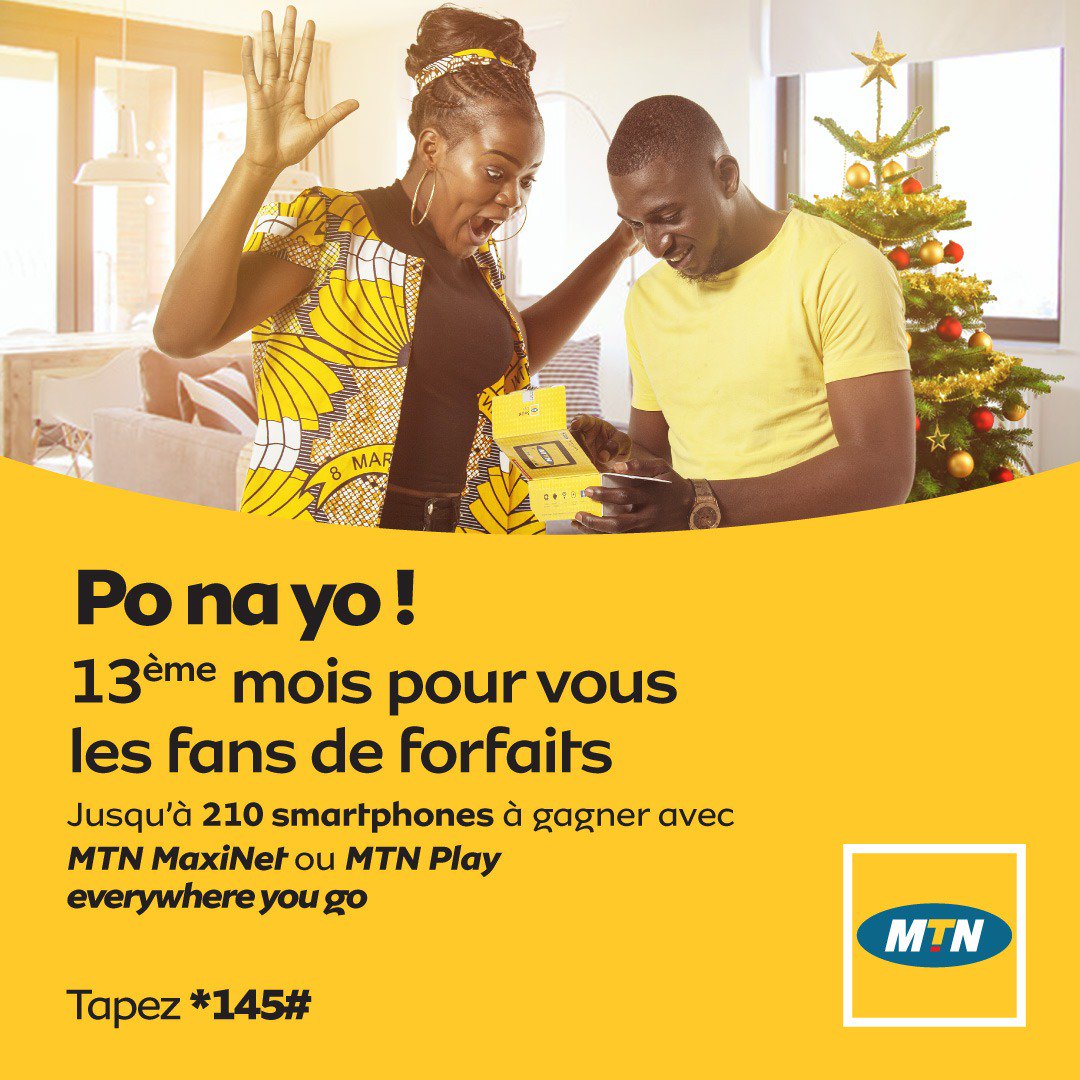 MTN_123's tweet photo. Avec #MTNCONGO, vivez des fêtes de fin d'année inoubliable avec la promo 13ème. Tentez de gagner un smartphone en activant un forfait #MAXINET ou #MTNPLAY en tapant *145#. #PoNaYo #CHEZMOIAUCONGO https://t.co/ltqD721jCy