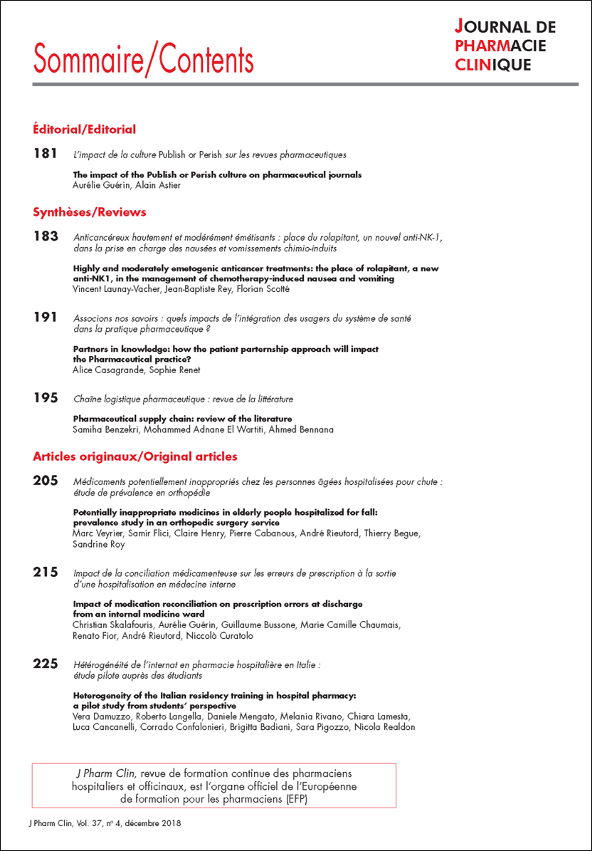 JPharmClin's tweet photo. JOURNAL DE PHARMACIE CLINIQUE
Le dernier numéro de l’année est sous presse, découvrez le sommaire.
#PharmacieClinique #JPC https://t.co/TWmqCqab1o