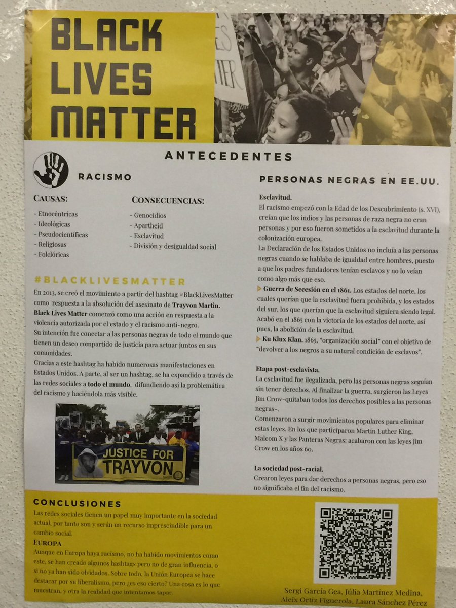 "Black lives matter", muy interesante y dinámico, erradiquemos el racismo, promovamos la igualdad, el respeto, todas las vidas importan, luchemos por y para todos, en la vida diaria, en nuestros actos y en las redes sociales.

#usosTIC <a href="/pabloriverabcn/">Pablo Rivera</a>
