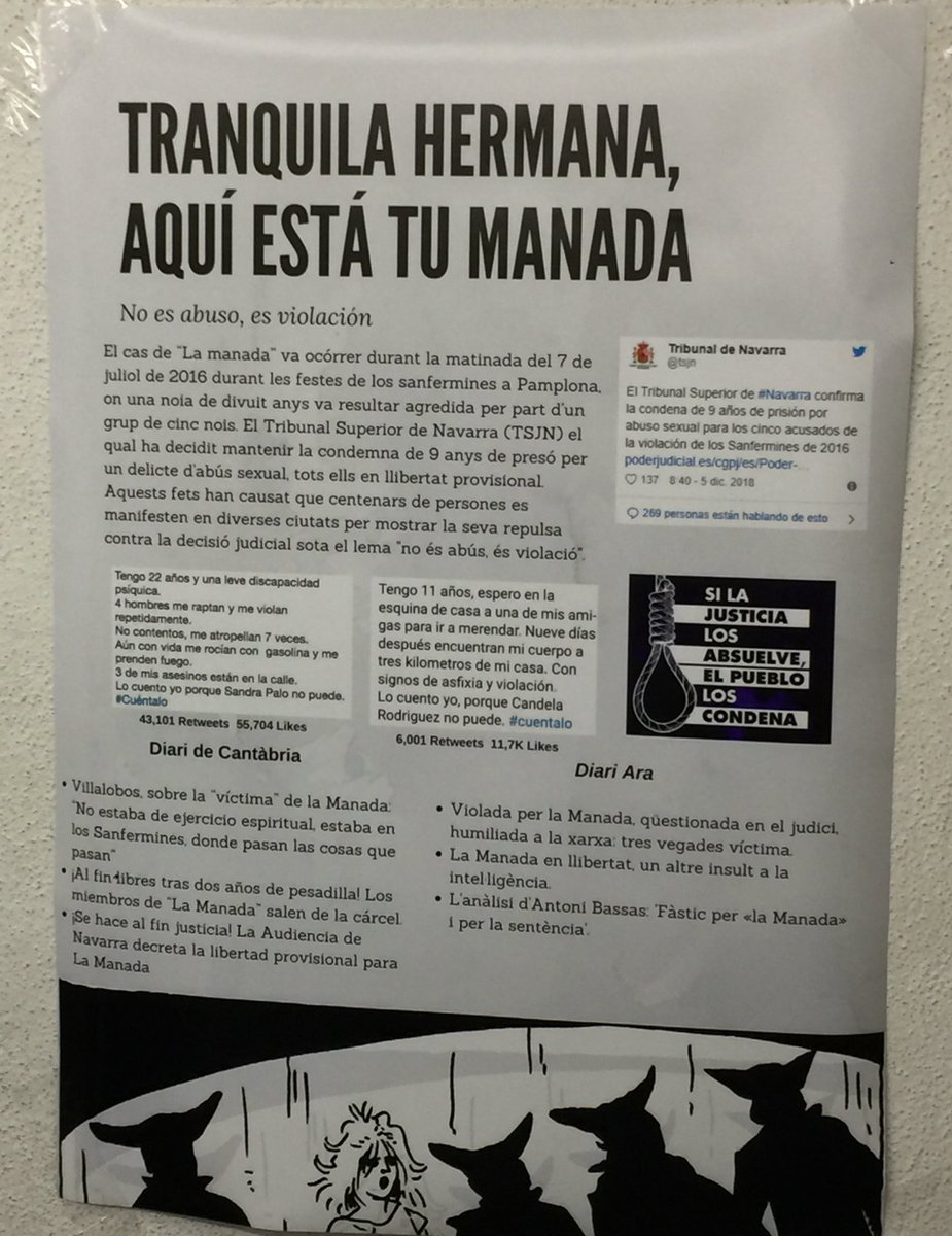 "Tranquila hermana, aquí está tu manada (no es abuso, es violación)". Prácticamente todos conocemos el movimiento que hubo a raiz del caso de la manada. #Cuentalo, tenemos que hablar, nada puede quedarse así, todas unidas somos más fuertes, #NiUnaMas.

#usosTIC <a href="/pabloriverabcn/">Pablo Rivera</a>
