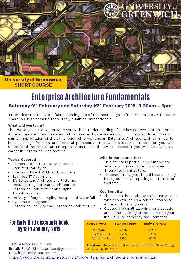 GRE_FLAS's tweet photo. We are pleased to announce a TWO day short course, suitable for anyone who is considering a career in Enterprise Architecture and for those who would like to strengthen their computing and information background! Get in touch for discounts!
#shortcourse #enterprisearchitecture https://t.co/ECuCJQD6j8