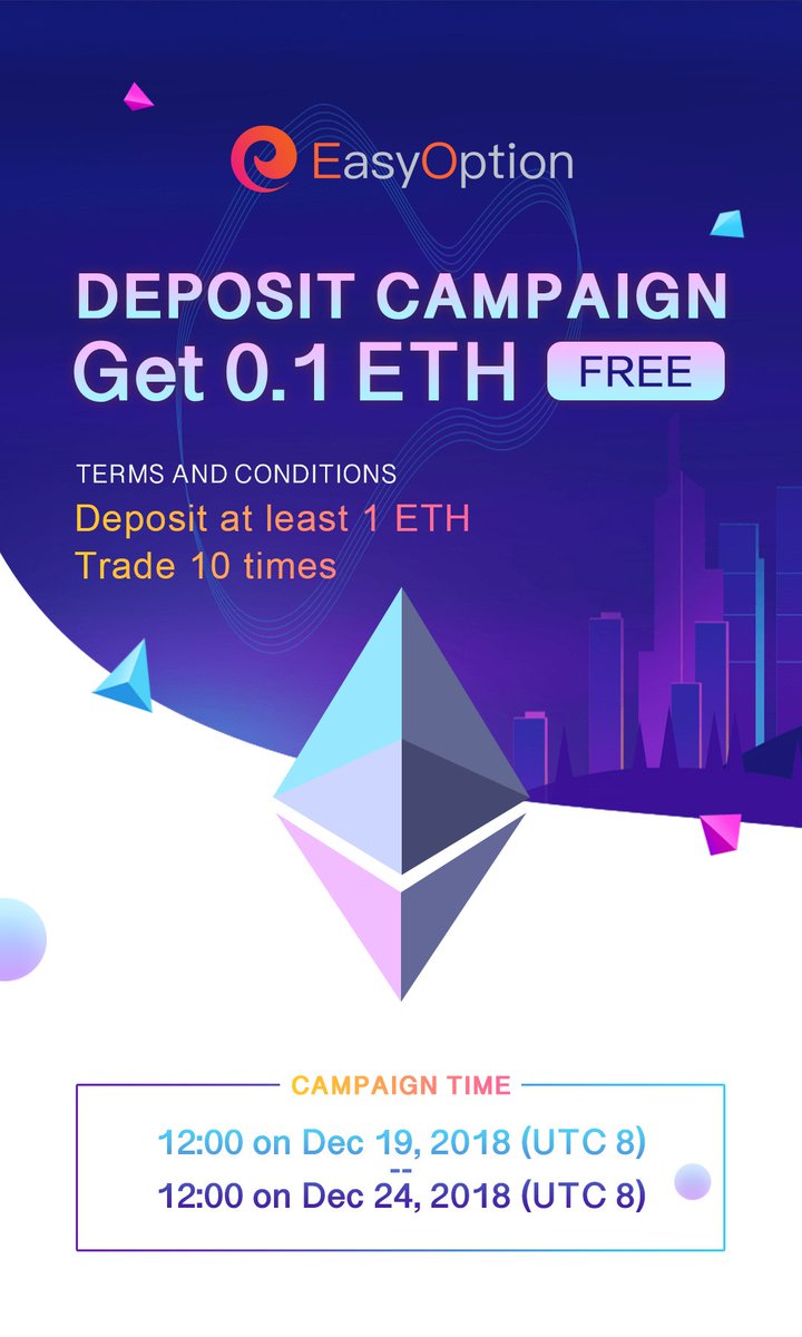 EasyOption_io's tweet image. 【GET 0.1 ETH FREE!】

♦️How to get 0.1 ETH free in EasyOption?
1. Deposit at least 1 ETH
2. Trade 10 times

♦️Time
12:00 on Dec 19, 2018 (UTC+8) -- 12:00 on Dec 24, 2018 (UTC+8)

🔥Deposit to Earn 0.1 ETH now!
👉trade.easyoption.io

🔥For detail
👉bit.ly/2R1NjHC