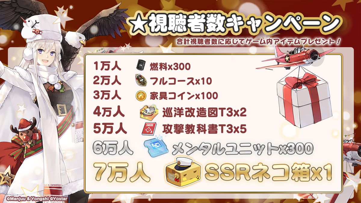 azurlane_staff's tweet photo. 【生放送】
12月25日（火）の公式生放送が大好評に（なるかも…？）につき、
「視聴者数プレゼント」＆「フォロー&amp;RTキャンペーン」実施決定！

更に、当日の生放送ツイートをRTした方の中から、
抽選で「スゴク大きいモナークパネル」を1名様にプレゼント！

ぜひご覧くださいね♡
#アズールレーン https://t.co/N9utNONOwq