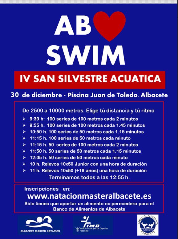 imdalbacete's tweet photo. 🏊‍♂️🏊‍♀️Presentación de la IV SAN SILVESTRE ACUÁTICA que se celebrará el 30 de diciembre a las 9:30 organizado por @albacetemaster 
📍Piscina Juan de Toledo  
👇 Inscripciones e información 👇
https://t.co/V4U2JYRYNP https://t.co/9DZe9ZReOg